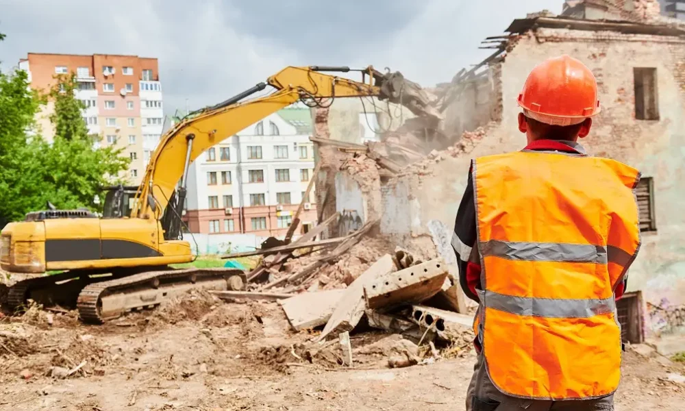 excavator crasher machine at demolition on construction site